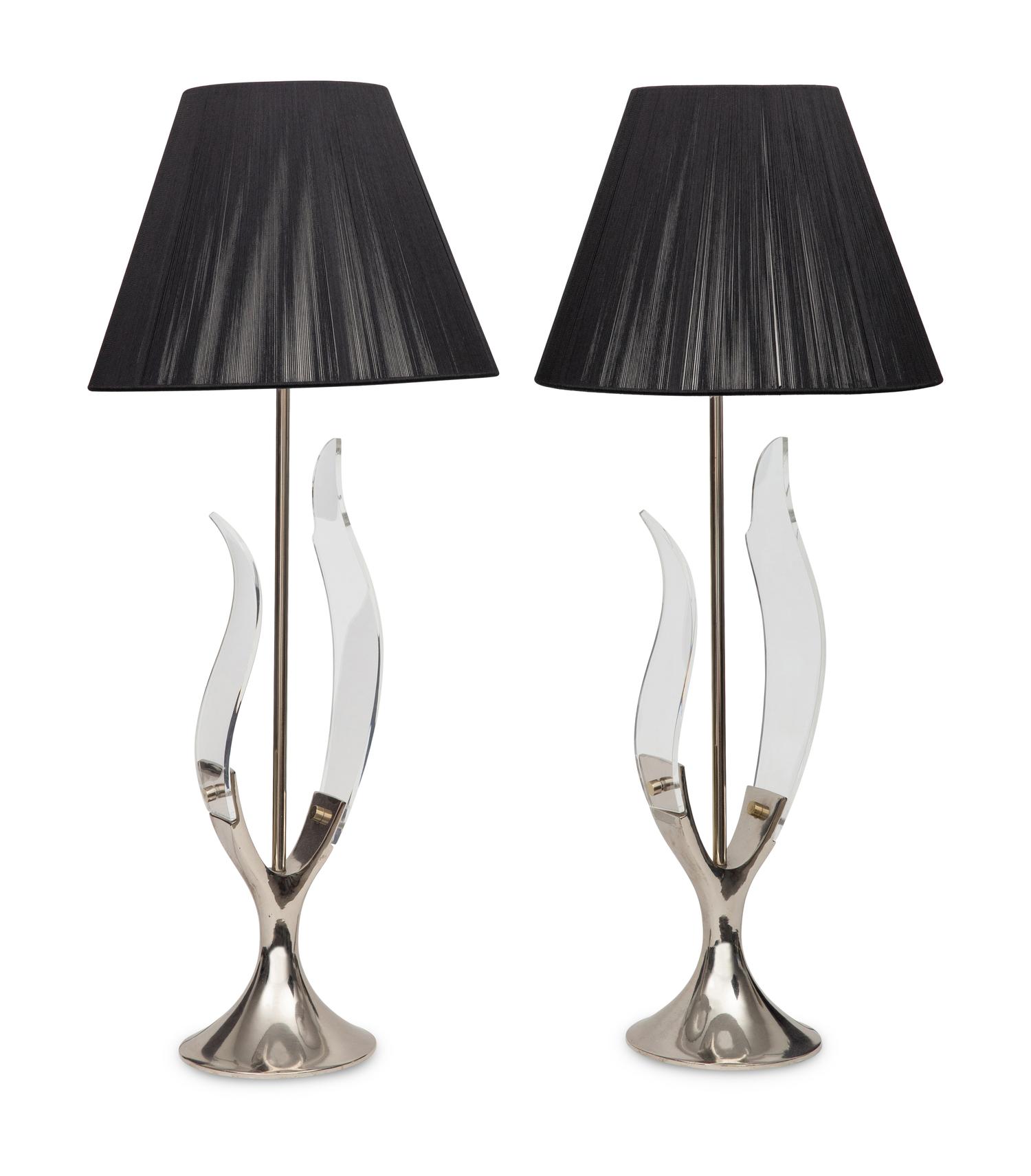 A Pair of Chrome and Acrylic Tulip Lamps with Silk Thread Shades