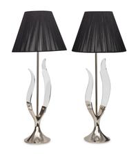 A Pair of Chrome and Acrylic Tulip Lamps with Silk Thread Shades