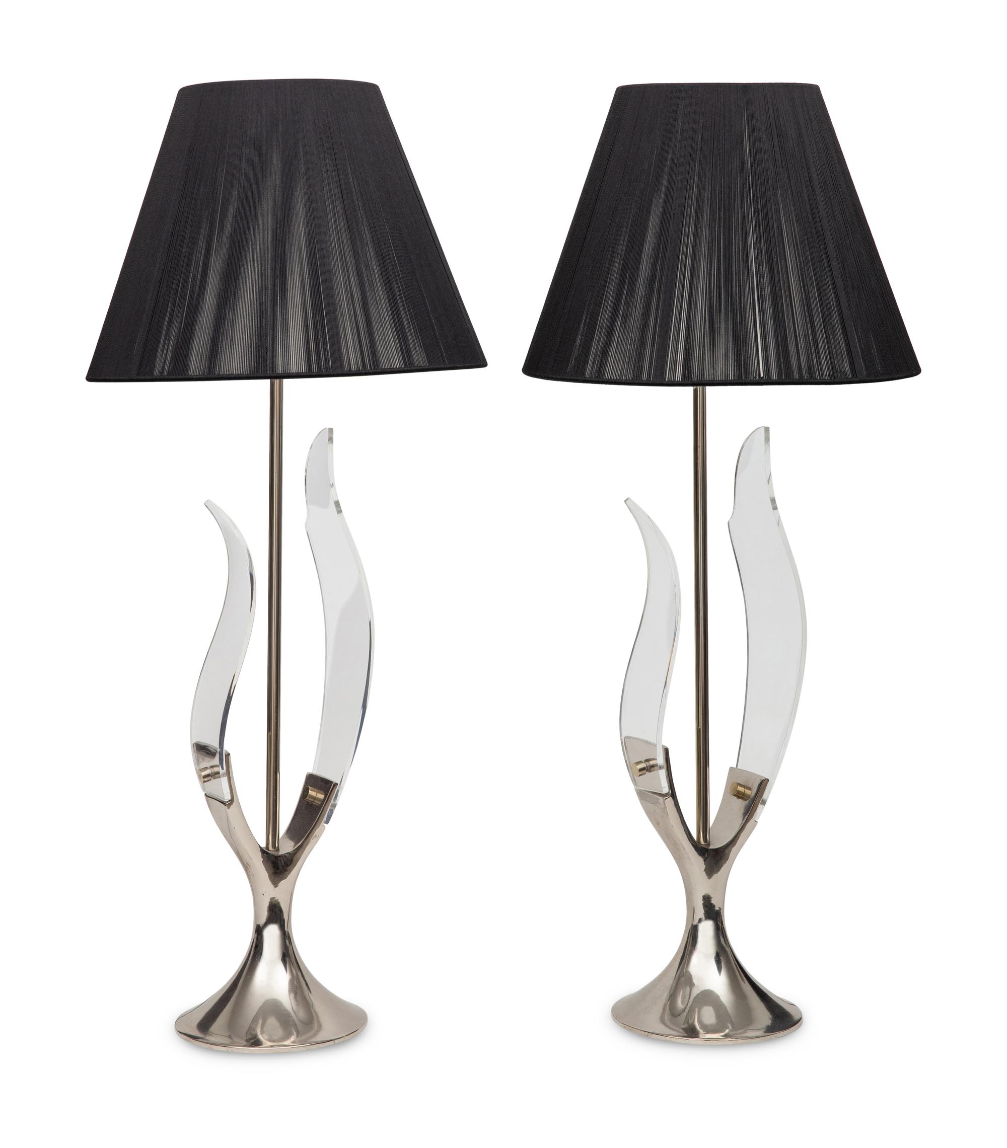 A Pair of Chrome and Acrylic Tulip Lamps with Silk Thread Shades