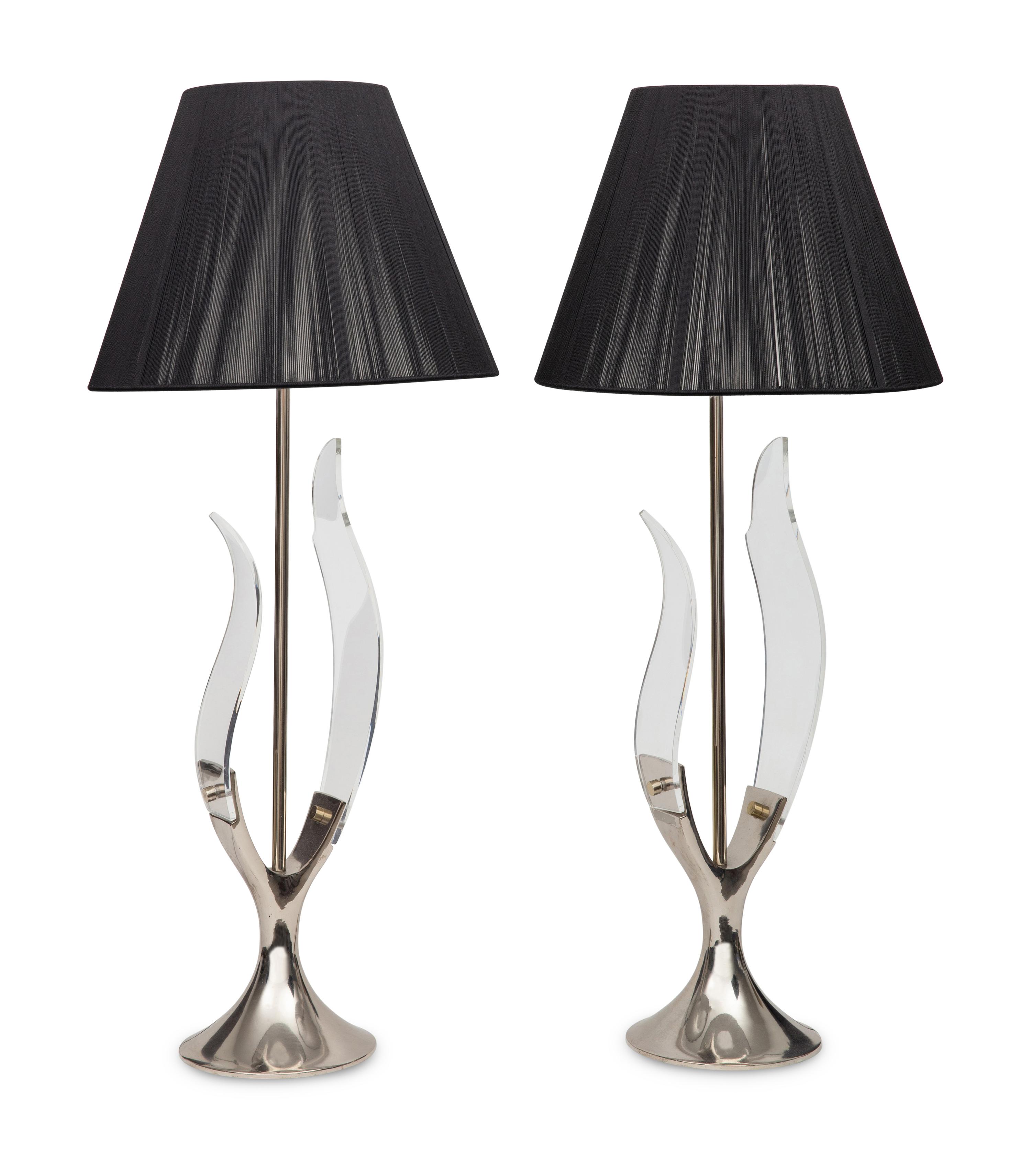 A Pair of Chrome and Acrylic Tulip Lamps with Silk Thread Shades