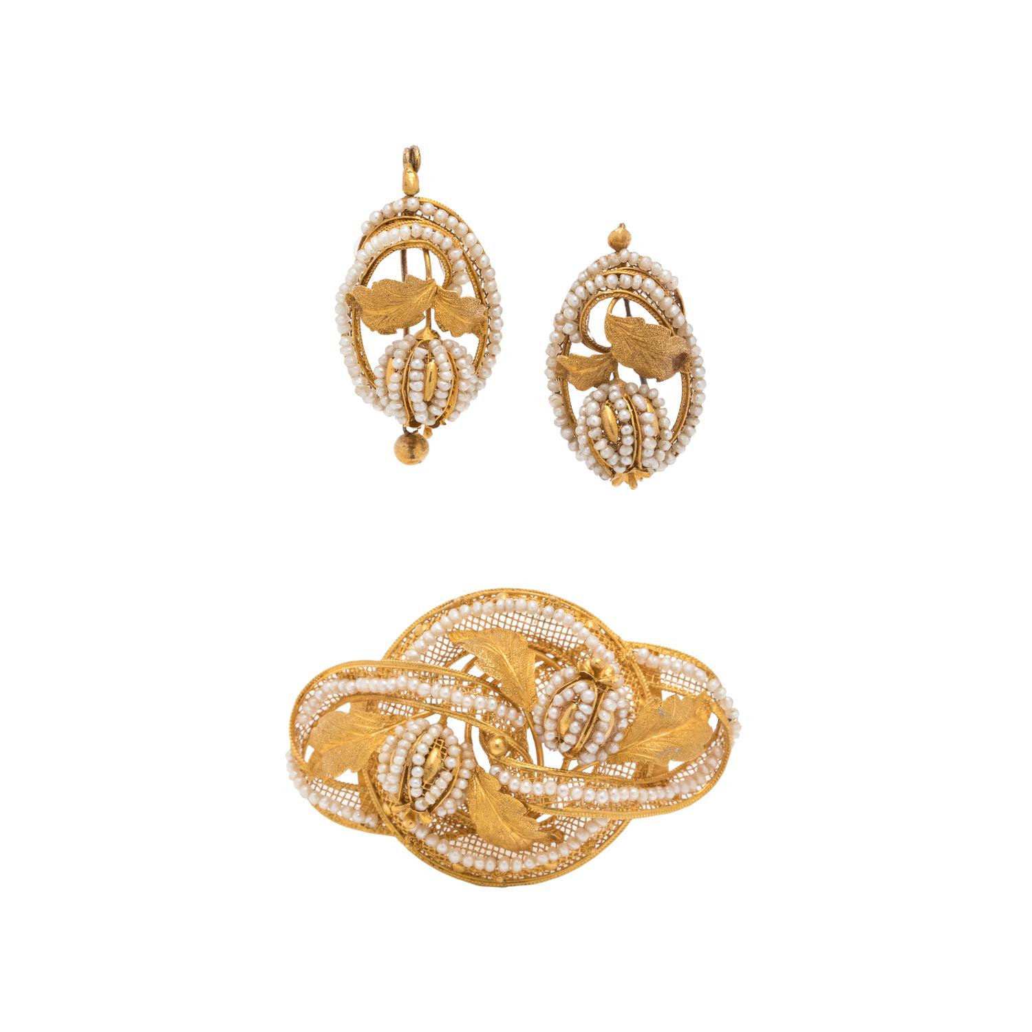 VICTORIAN, YELLOW GOLD AND SEED PEARL SET