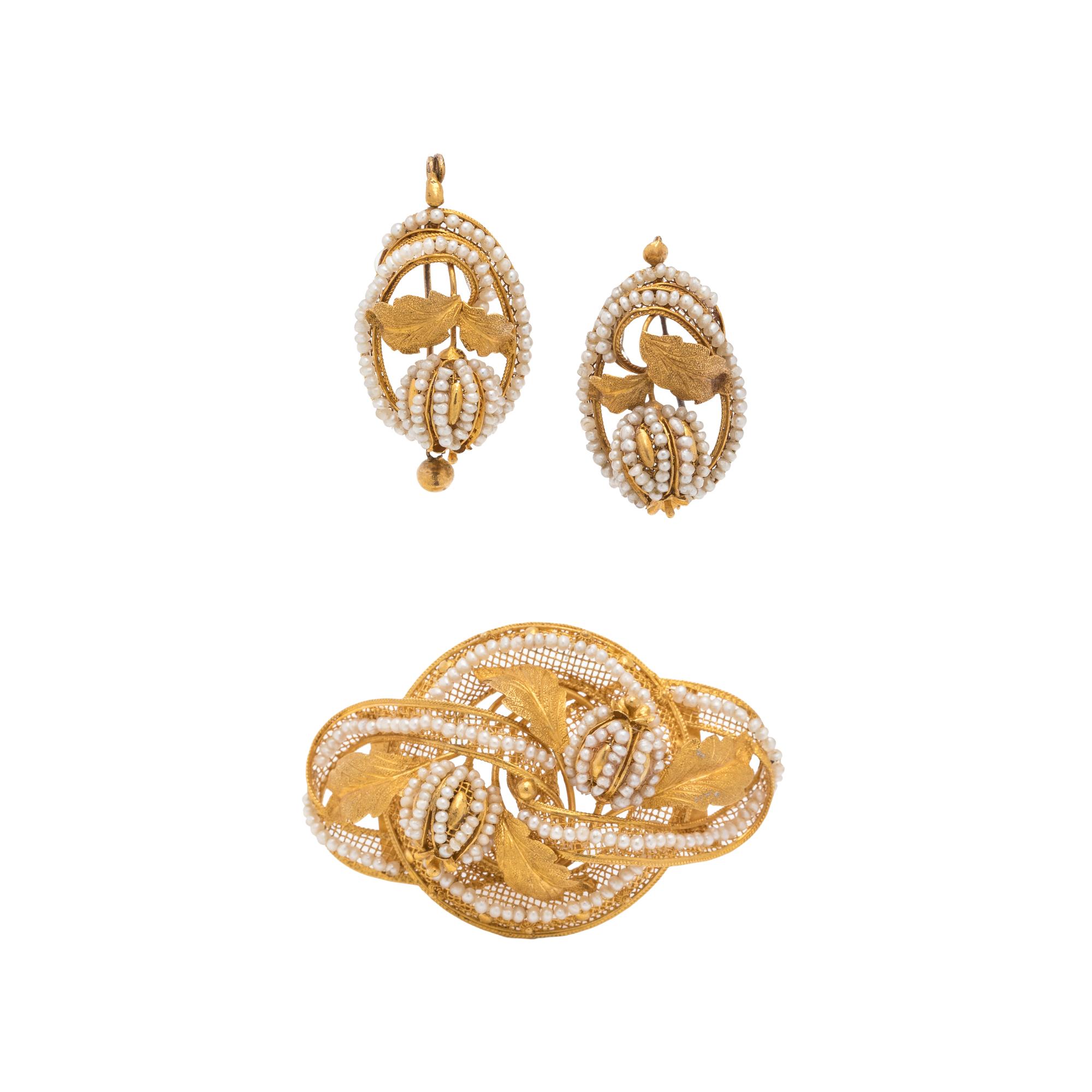 VICTORIAN, YELLOW GOLD AND SEED PEARL SET