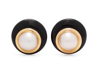 A Pair of 14 Karat Yellow Gold, Cultured Mabe Pearl and Onyx Earclips,