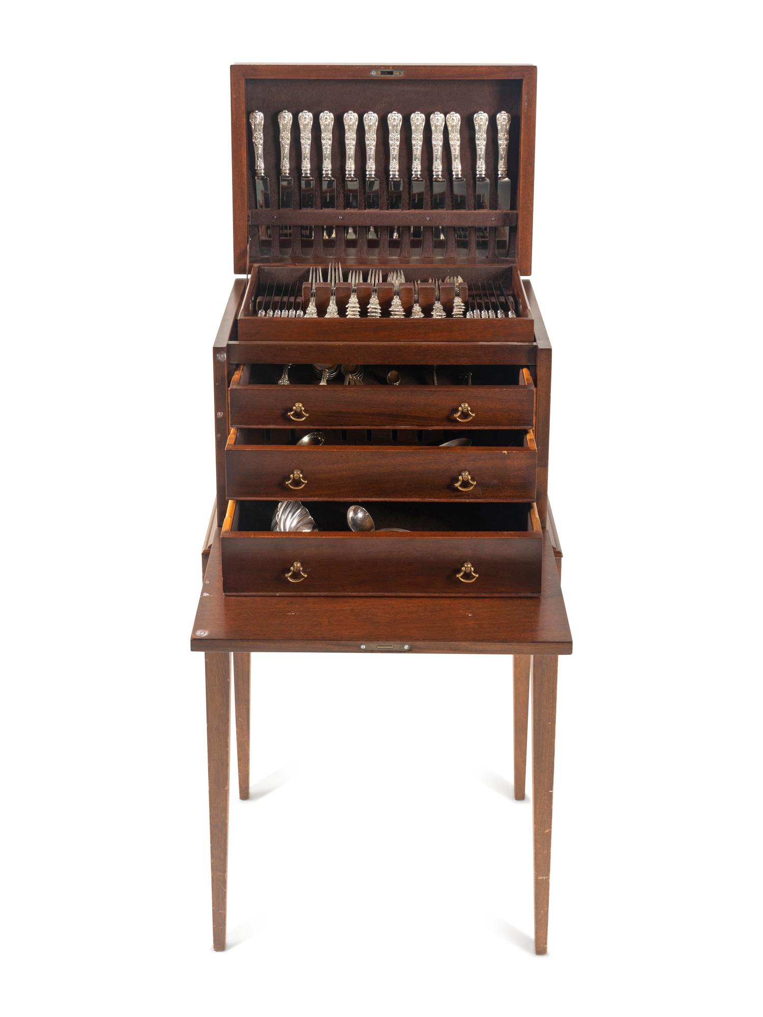 A Tiffany and Co. English King Silver Flatware Service in a Fitted Mahogany Chest