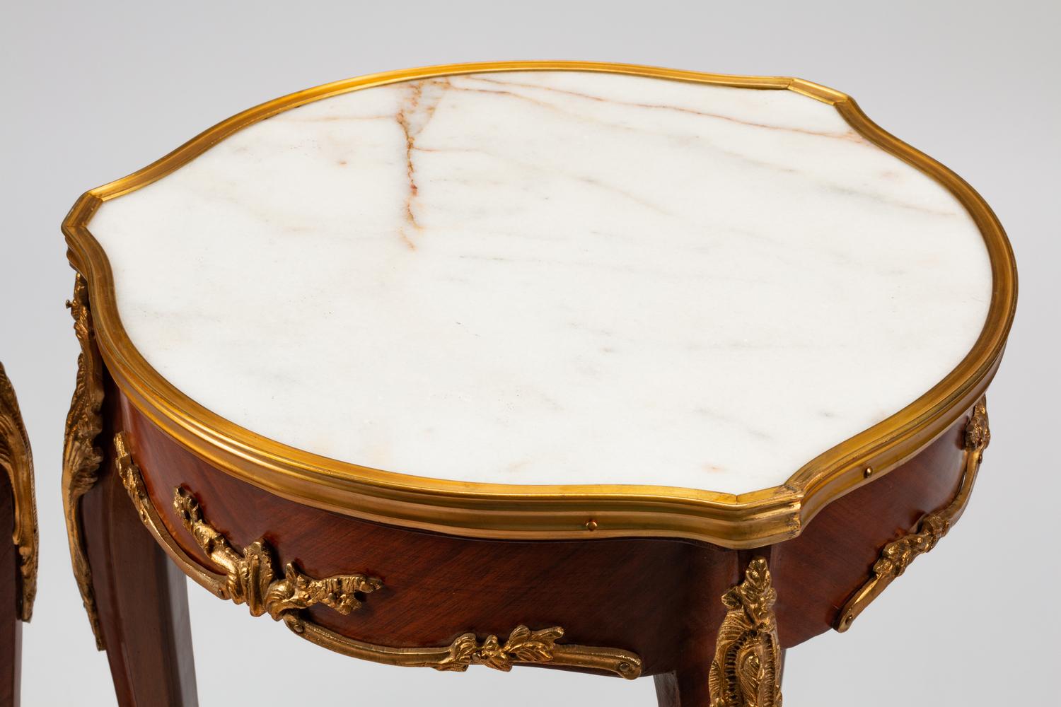A Pair of Louis XV Style Gilt Bronze Mounted Marble-Top Tables
