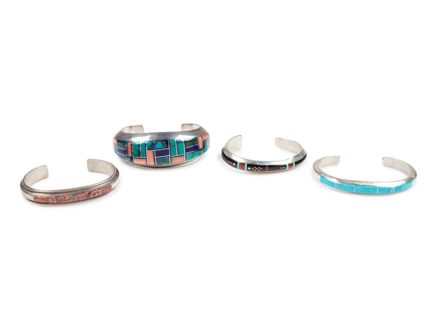 Four Native American Sterling Silver Bracelets with Flush Inlay
