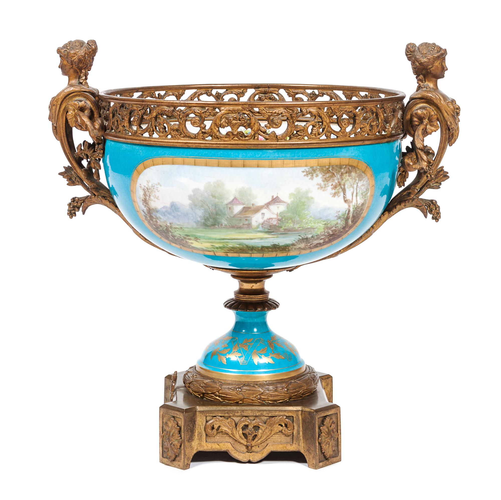 A Sevres Style Gilt Metal Mounted Center Bowl Height 19 1/2 inches.