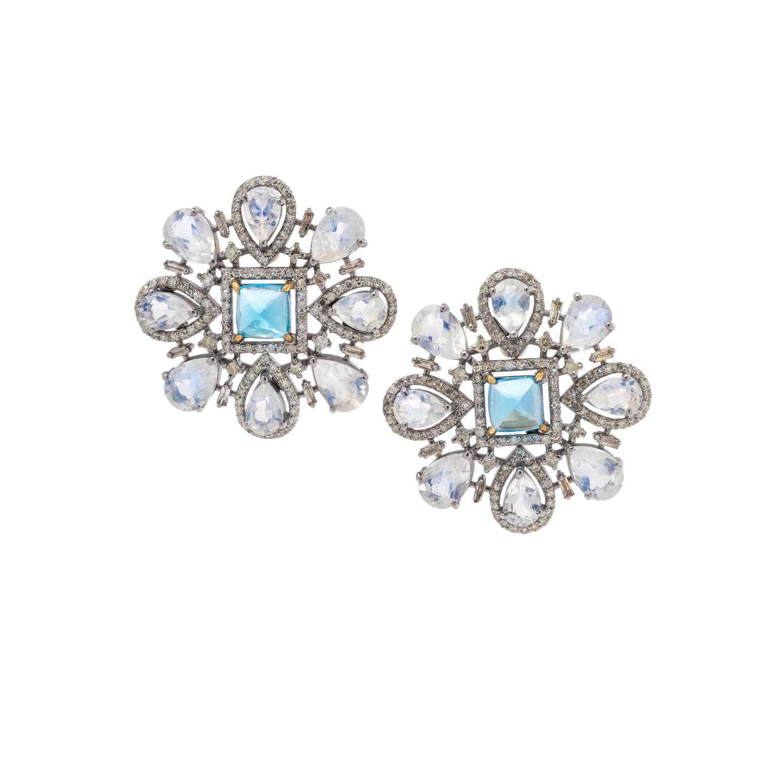 BLUE TOPAZ, MOONSTONE AND DIAMOND EARRINGS