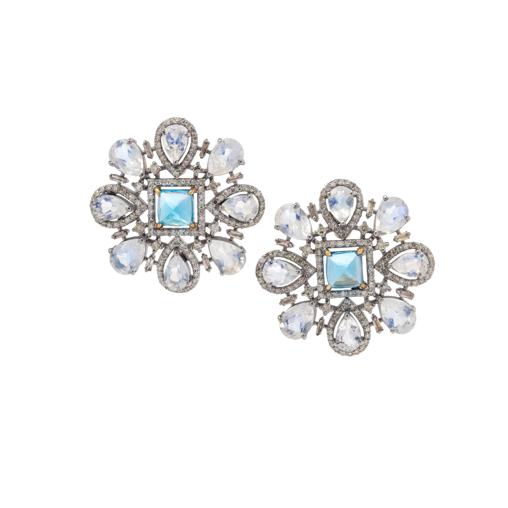 BLUE TOPAZ, MOONSTONE AND DIAMOND EARRINGS