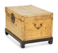 A Chinese Parchment Leather Bound Trunk with Brass Mounts and Handles