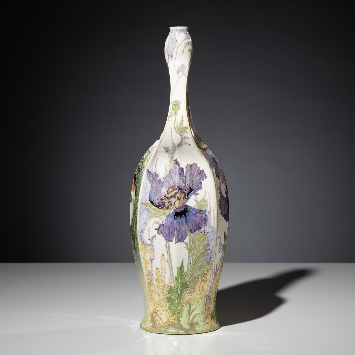 Monumental eggshell porcelain two-handled vase with polychrome peacock and poppy decor, model 97p