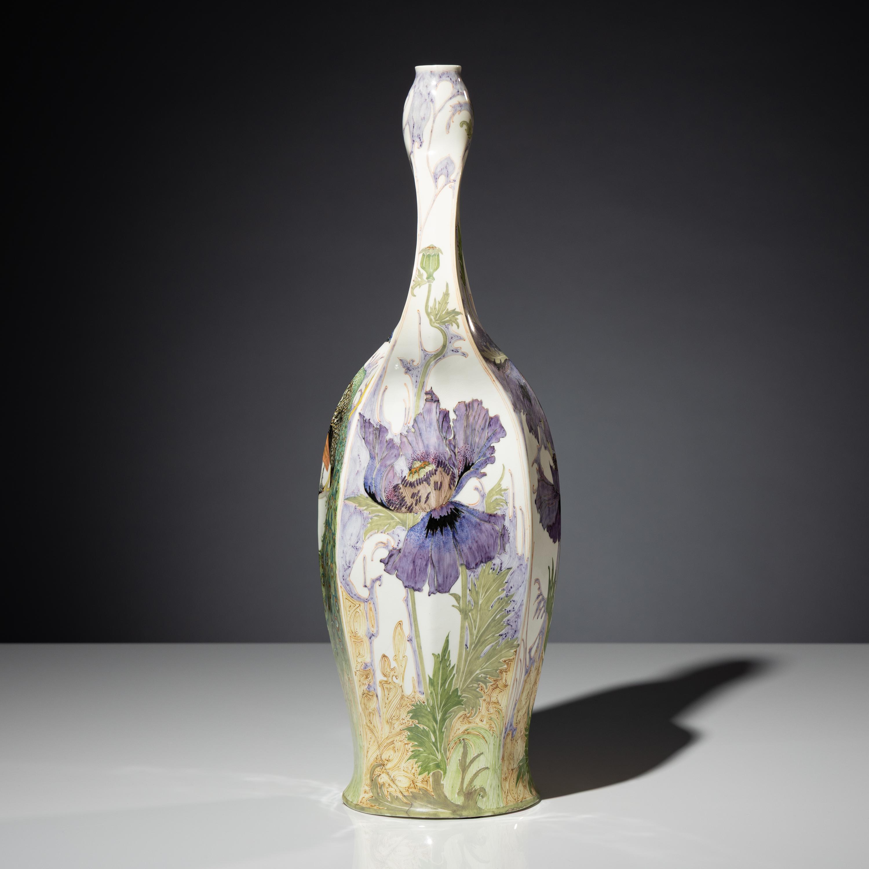 Monumental eggshell porcelain two-handled vase with polychrome peacock and poppy decor, model 97p