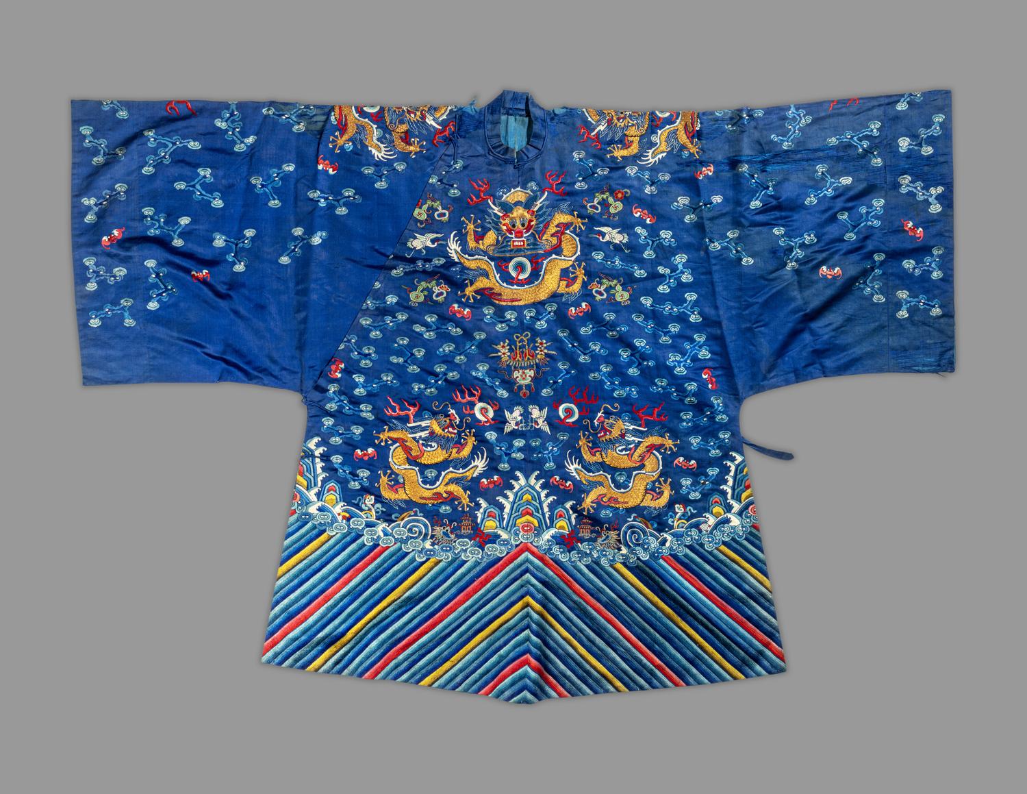 A Chinese Blue Ground Embroidered Silk 'Dragon' Robe