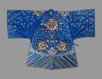 A Chinese Blue Ground Embroidered Silk 'Dragon' Robe