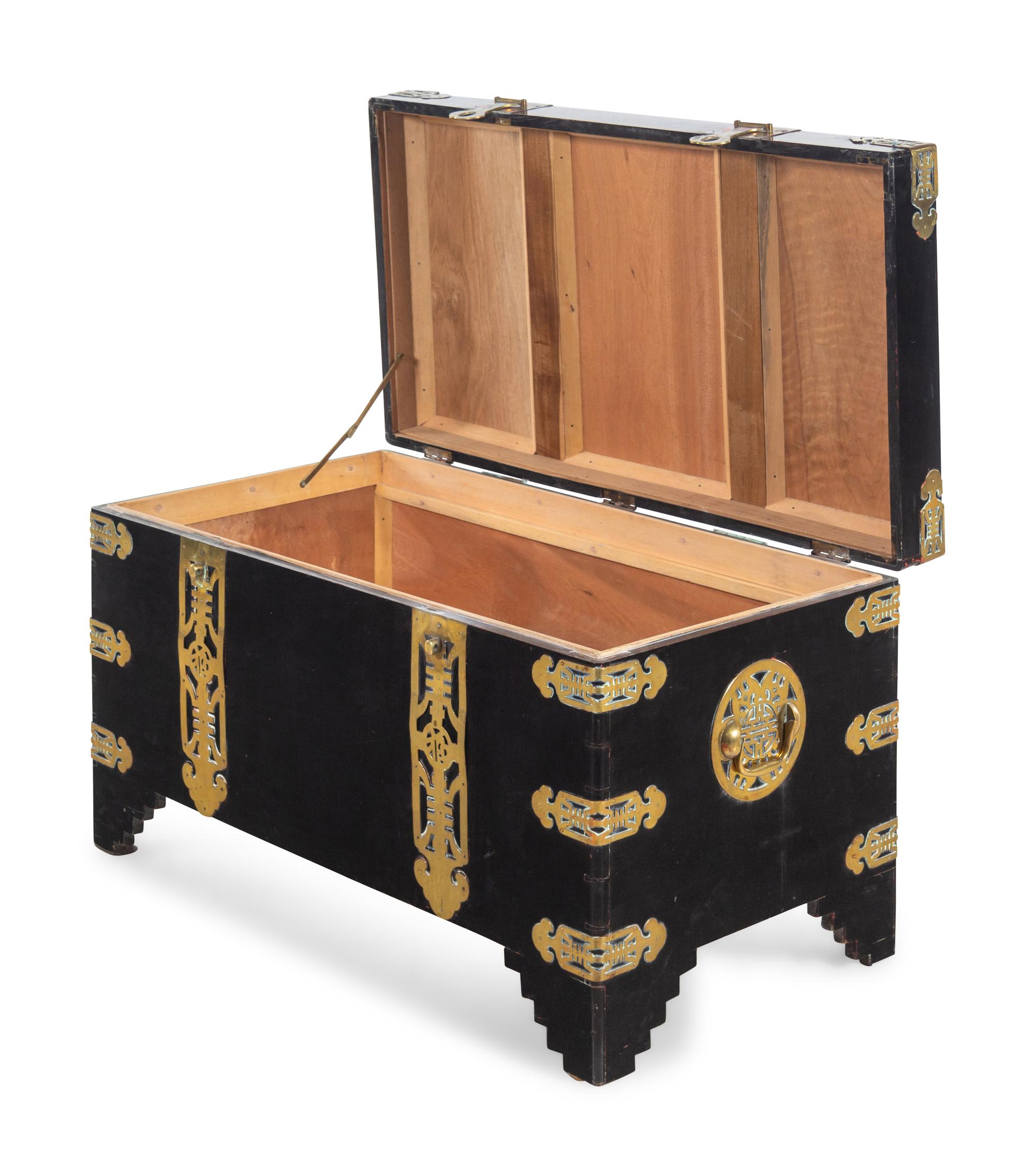 A Chinese or Korean Export Lacquer-Finished Brass Mounted Trunk