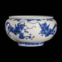 A Japanese Blue and White 'Dragon' Porcelain Alms Bowl by Makuzu Kozan, Taisho-Showa Period 宮川香山製青花龍紋缽