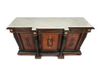 A Victorian Renaissance Revival Marquetry Inlaid and Parcel Ebonized Credenza in the Manner of Herter Brothers