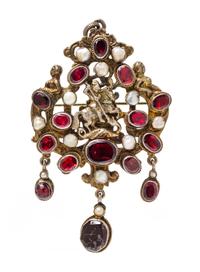 A Renaissance Revival Silver, Garnet, Paste and Pearl Pendant/Brooch, Austro-Hungarian, 14.10 dwts.