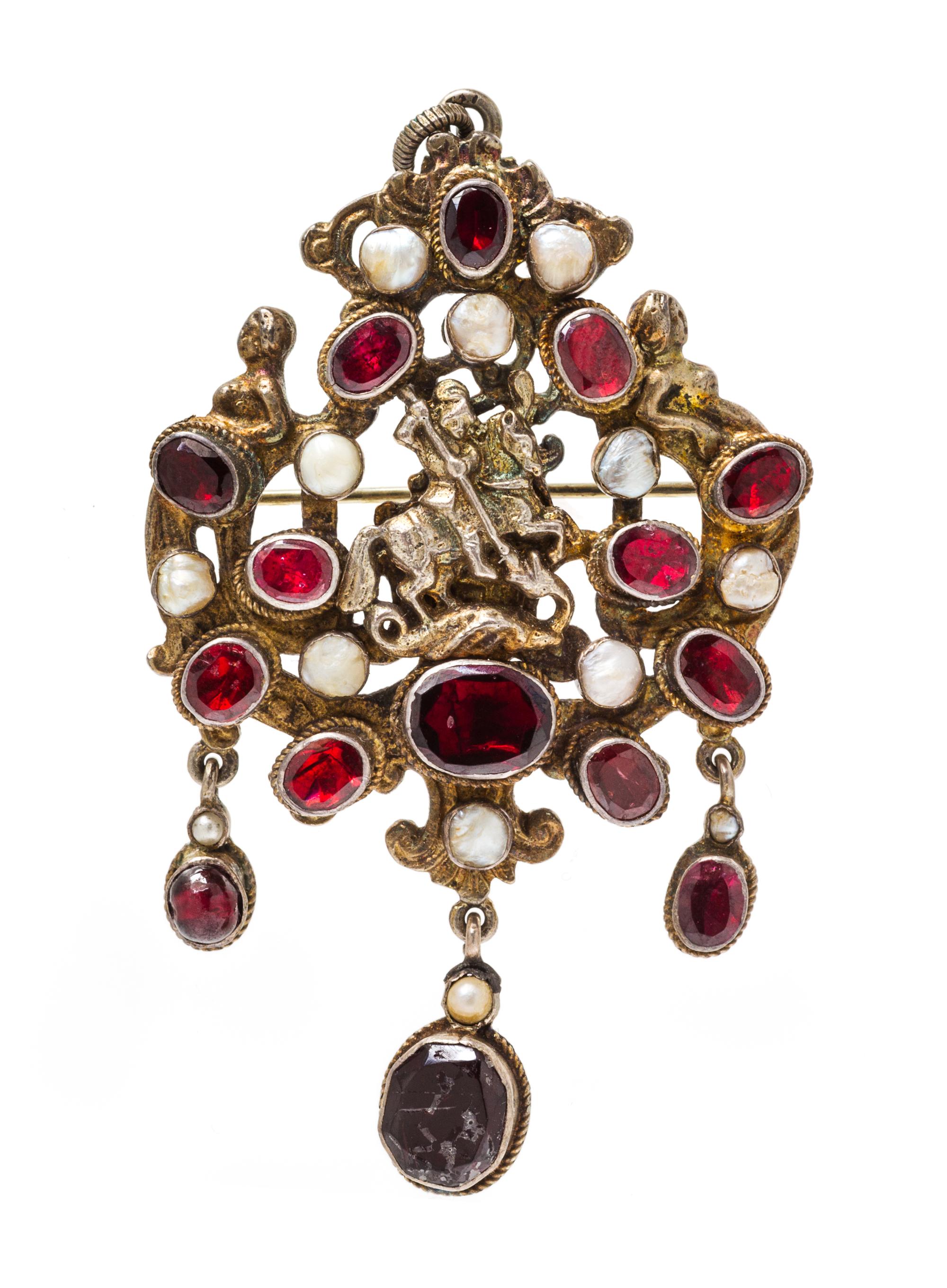 A Renaissance Revival Silver, Garnet, Paste and Pearl Pendant/Brooch, Austro-Hungarian, 14.10 dwts.