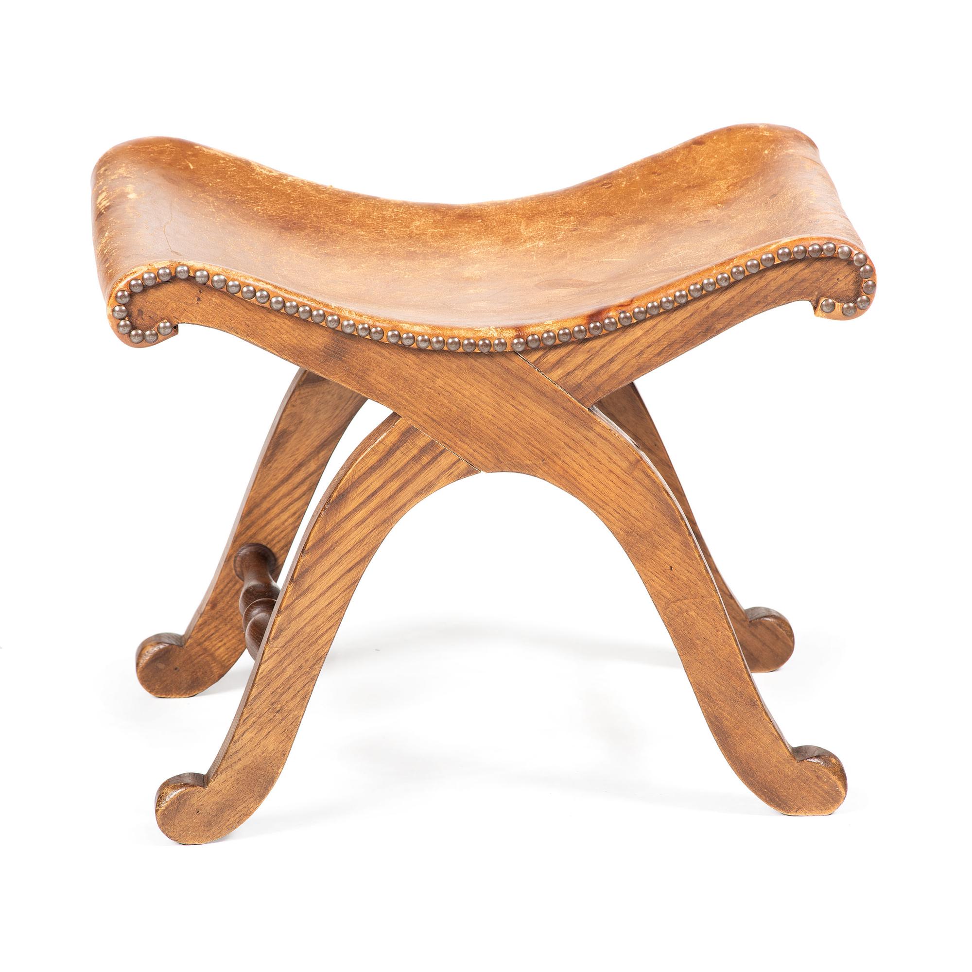 A Country Oak and Studded Leather Foot Stool