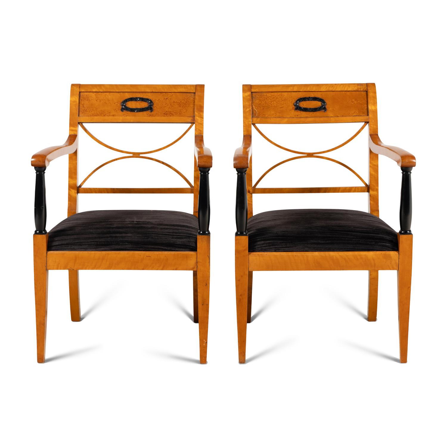 A Pair of North European Satinwood, Amboyna and Part-Ebonized Armchairs