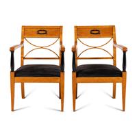 A Pair of North European Satinwood, Amboyna and Part-Ebonized Armchairs