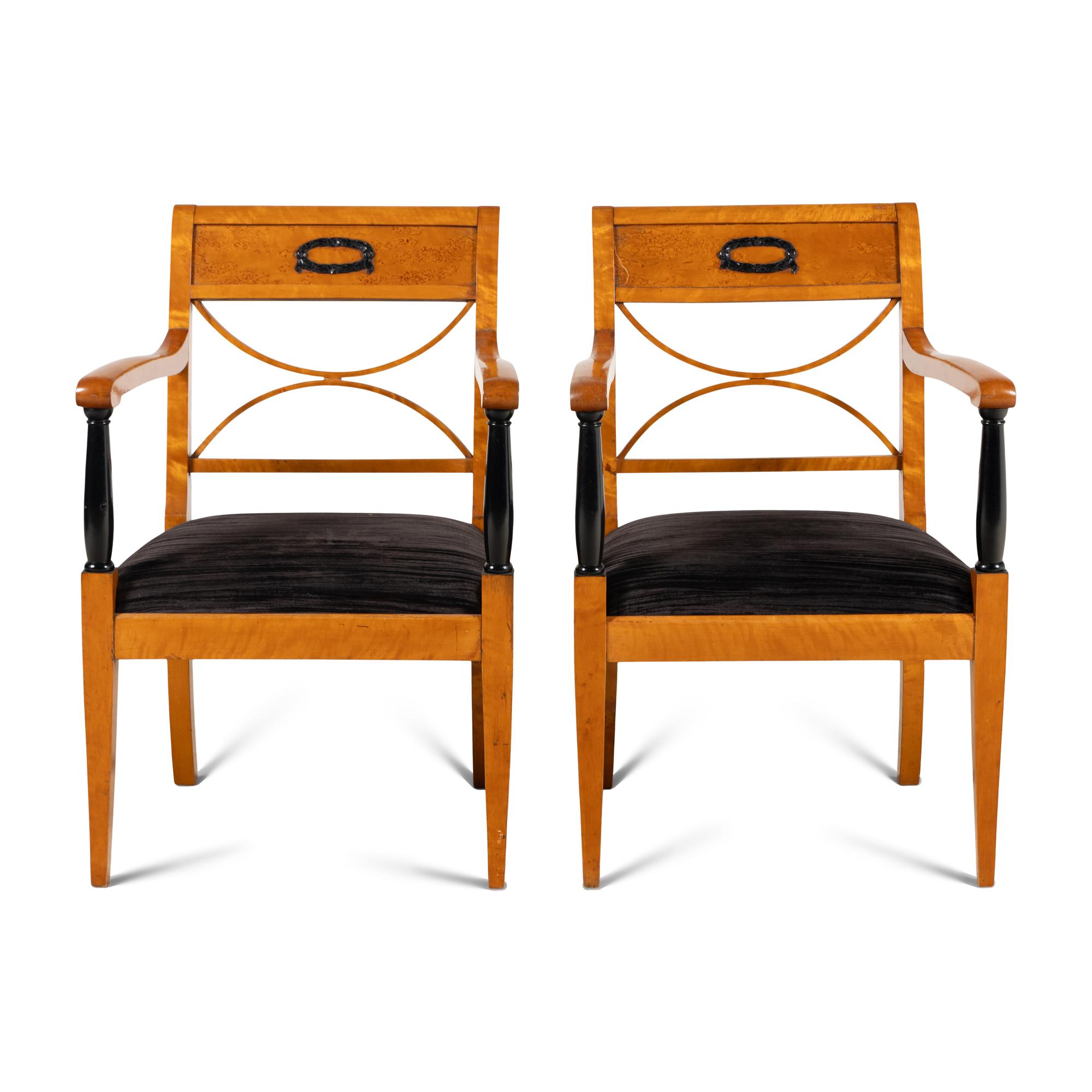 A Pair of North European Satinwood, Amboyna and Part-Ebonized Armchairs