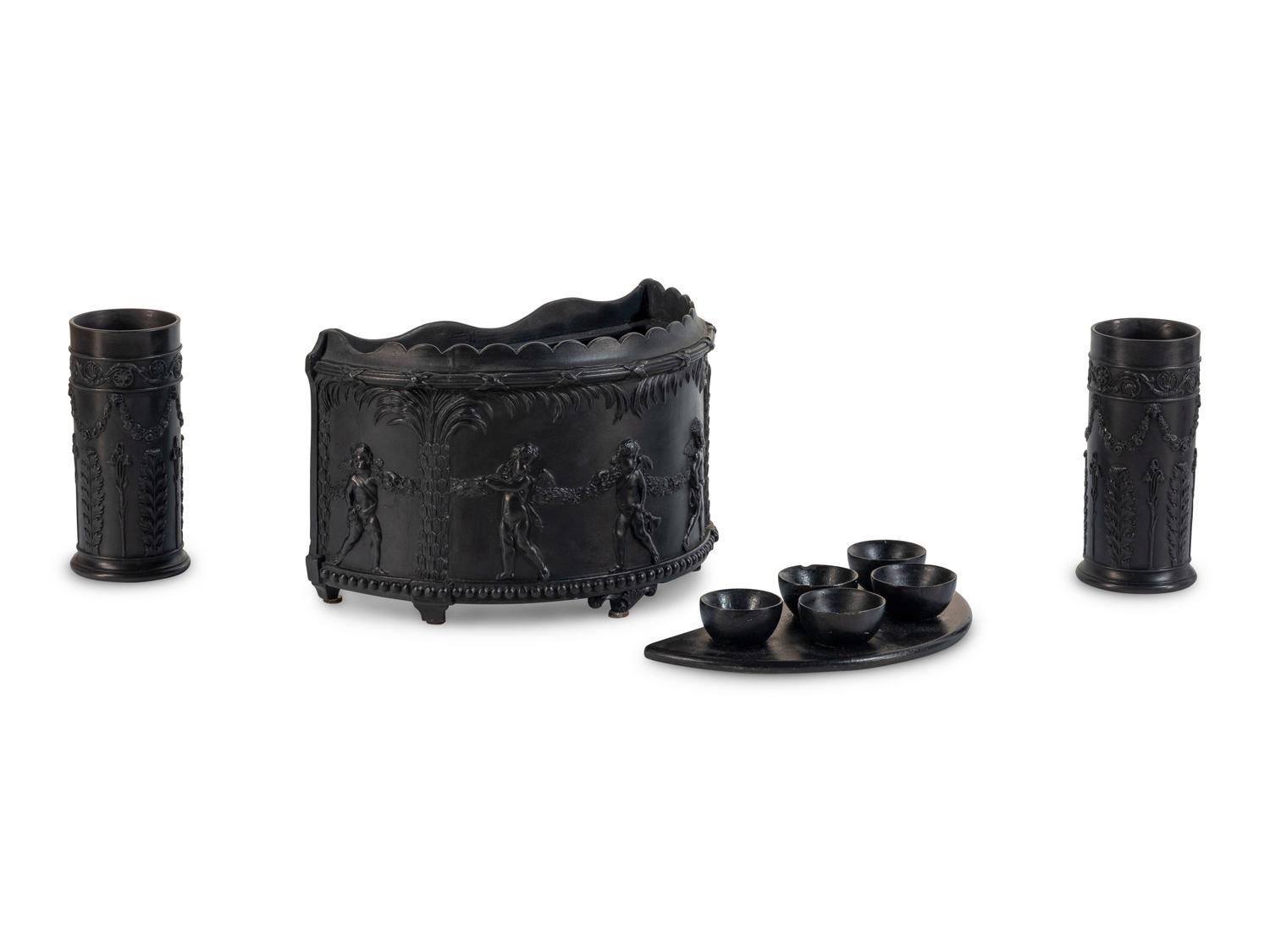 A Wedgwood Basalt Bough Pot and Pair of Spill Vases