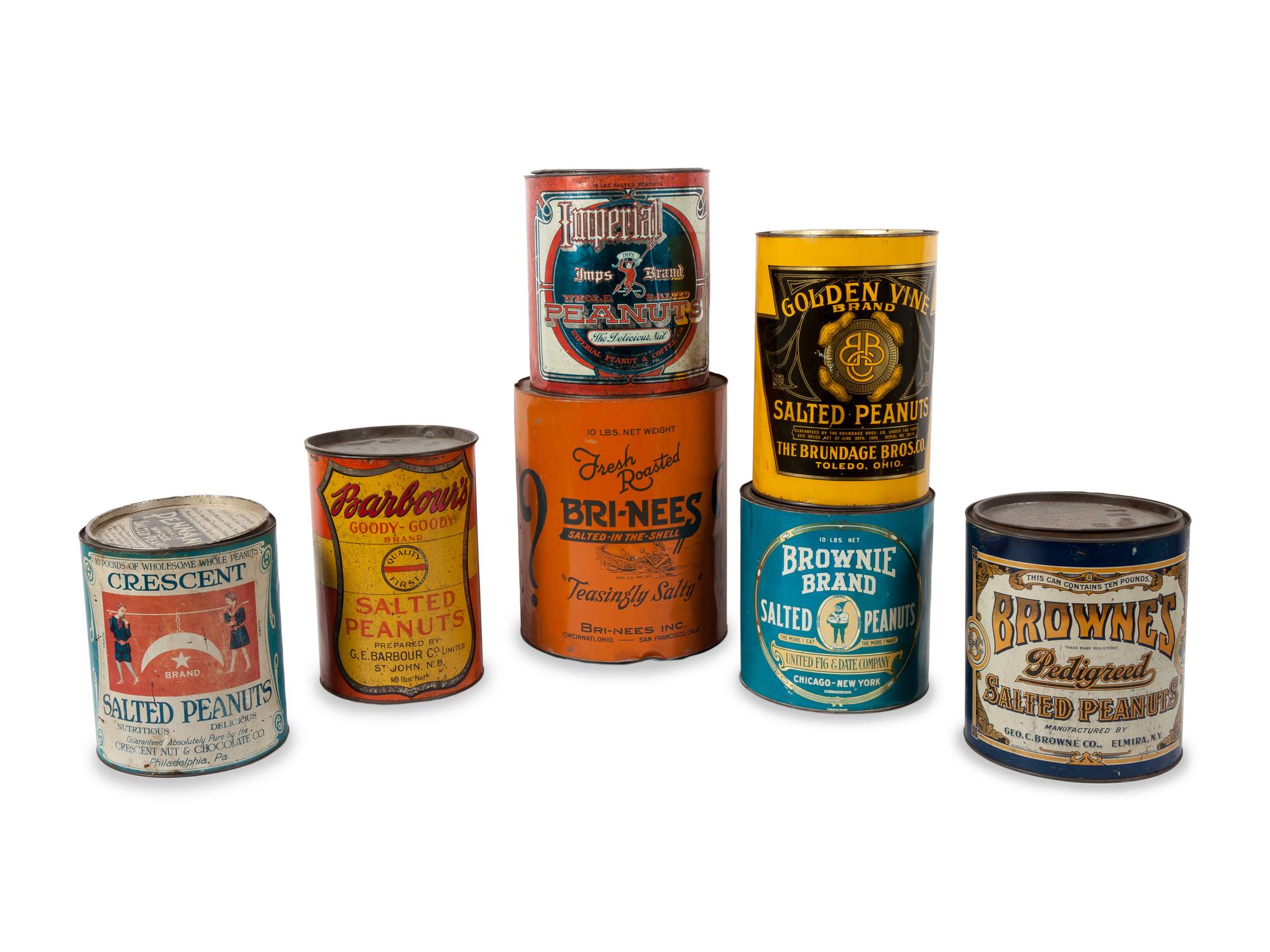 A Group of Seven Salted Peanut Tins