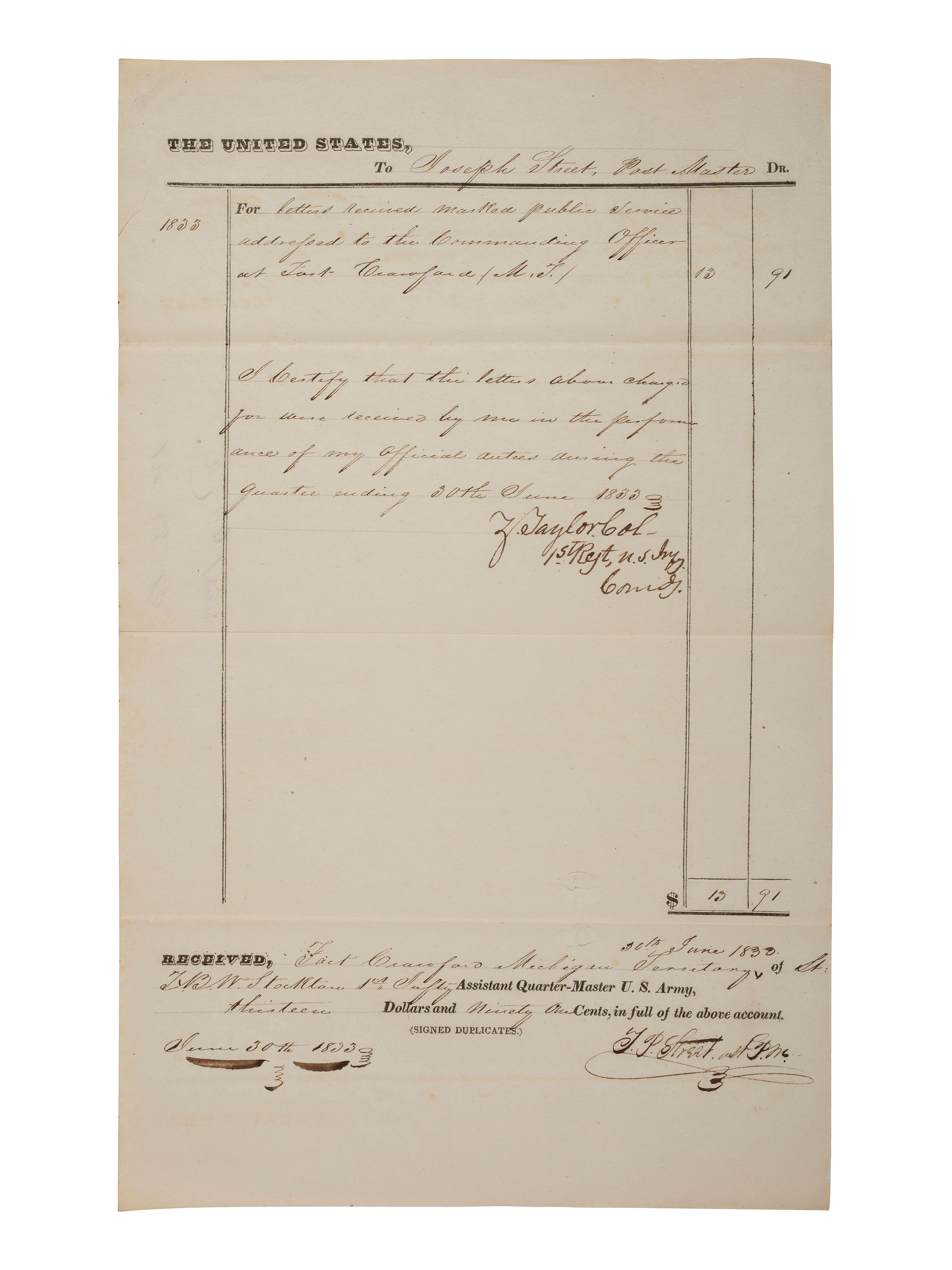 [PRESIDENTIAL]. TAYLOR, Zachary (1784-1850). Partially printed document signed ("Z. Taylor"), as Colonel, 1st Regiment, U.S. Army. Fort Crawford [Michigan Territory], 30 June 1833.