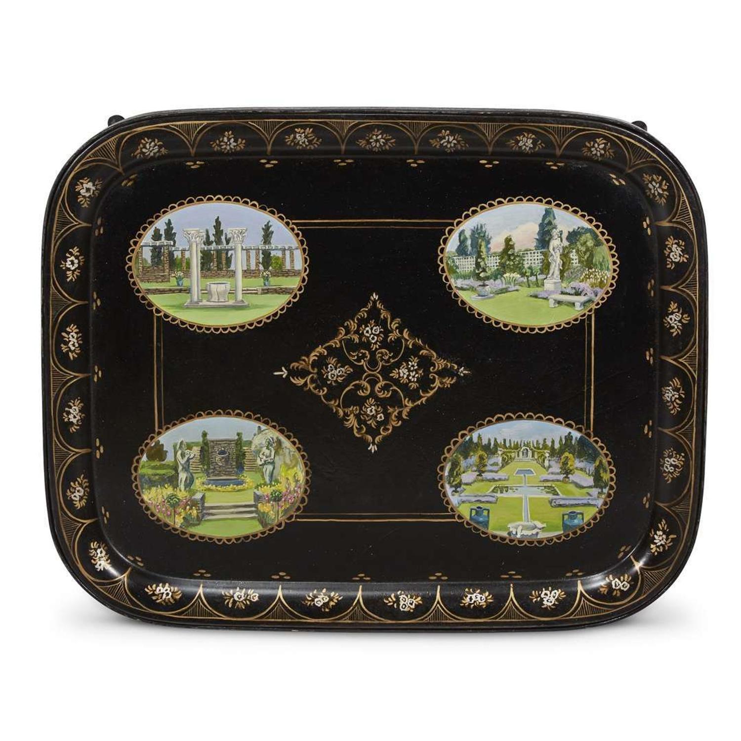 Two Victorian style tôle peinte trays on japanned chinoiserie stands contemporary