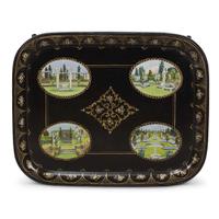 Two Victorian style tôle peinte trays on japanned chinoiserie stands contemporary
