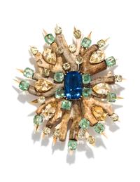 TONY DUQUETTE, MULTIGEM AND CORAL BROOCH