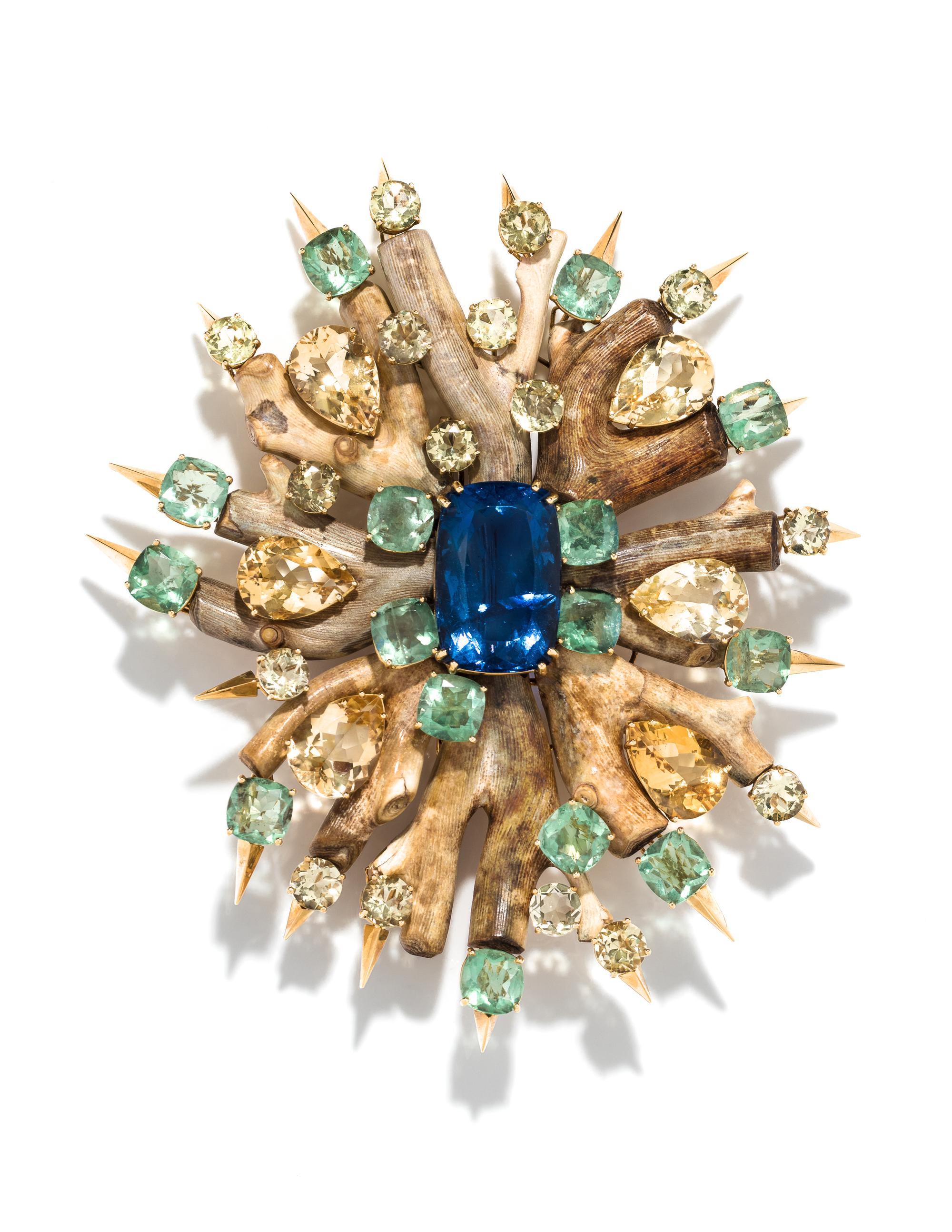 TONY DUQUETTE, MULTIGEM AND CORAL BROOCH