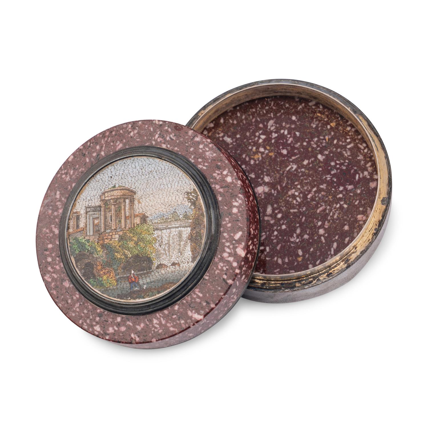 An Italian Micromosaic-Inset Porphyry Circular Box