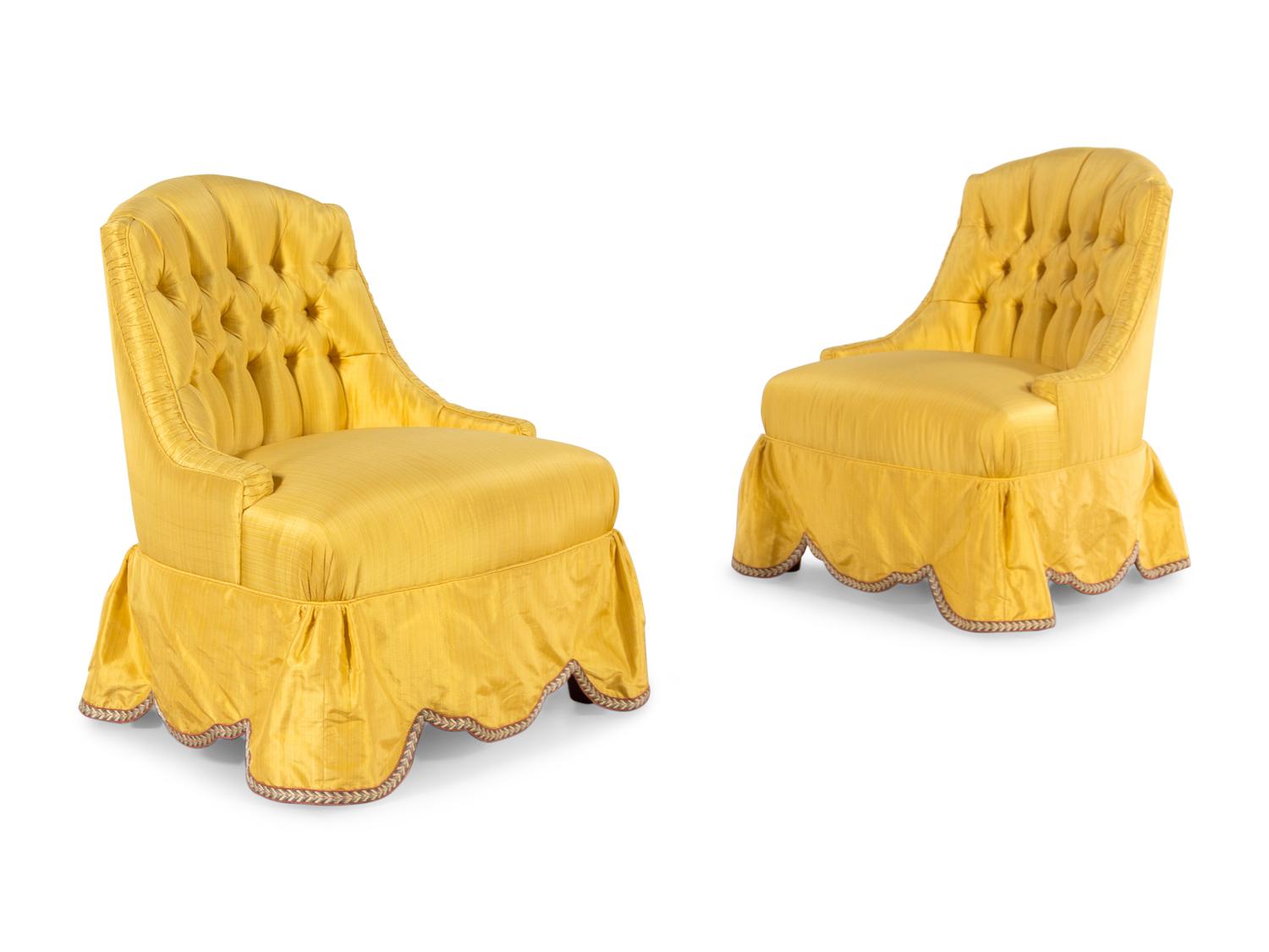 A Pair of Yellow Silk Button Tufted Slipper Chairs