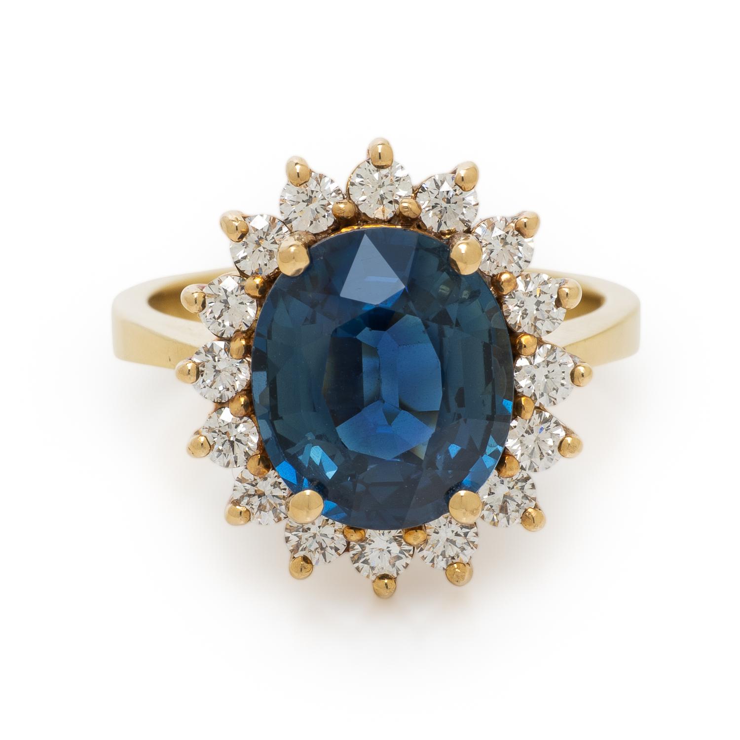 SAPPHIRE, DIAMOND, AND YELLOW GOLD RING