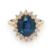 SAPPHIRE, DIAMOND, AND YELLOW GOLD RING