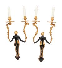 A Pair of French Gilt and Patinated Bronze Figural Two-Light Sconces