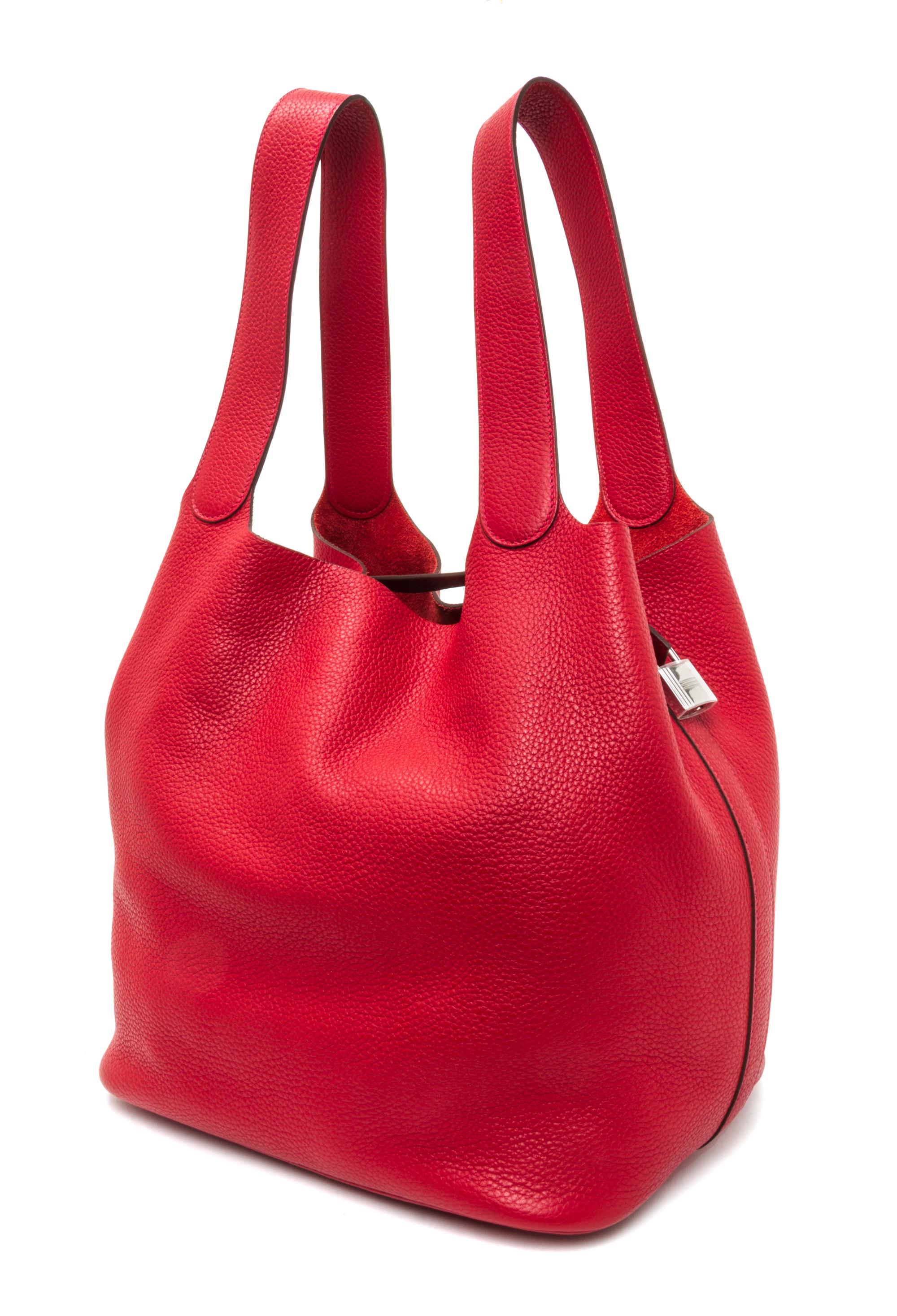 An Hermes Rouge Casaque Taurillon Clemence Picotin Lock TGM Handbag, 13" x 13" x 9".