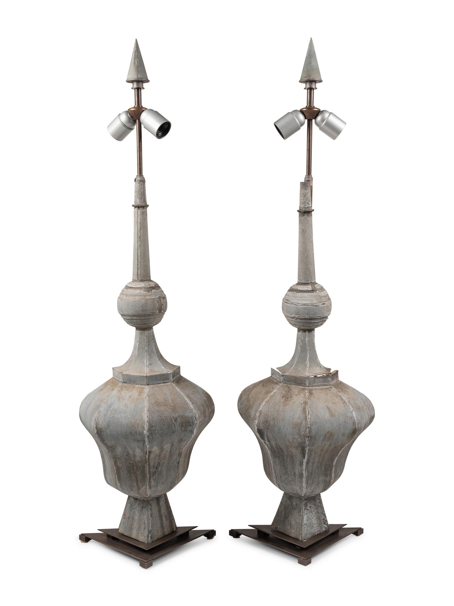 A Pair of Tôle Baluster Finials Mounted as Lamps