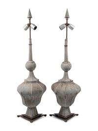 A Pair of Tôle Baluster Finials Mounted as Lamps