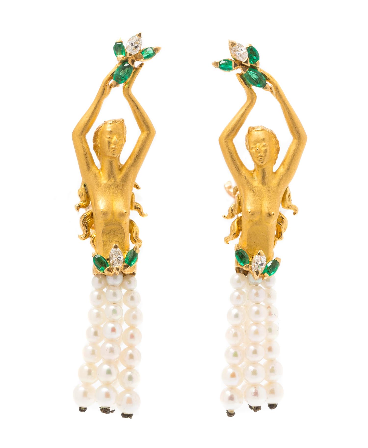 A Pair of 18 Karat Yellow Gold, Emerald, Diamond and Cultured Pearl Earclips, Carrera y Carrera, 9.80 dwts.