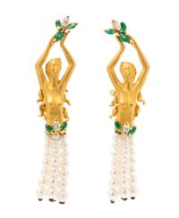 A Pair of 18 Karat Yellow Gold, Emerald, Diamond and Cultured Pearl Earclips, Carrera y Carrera, 9.80 dwts.