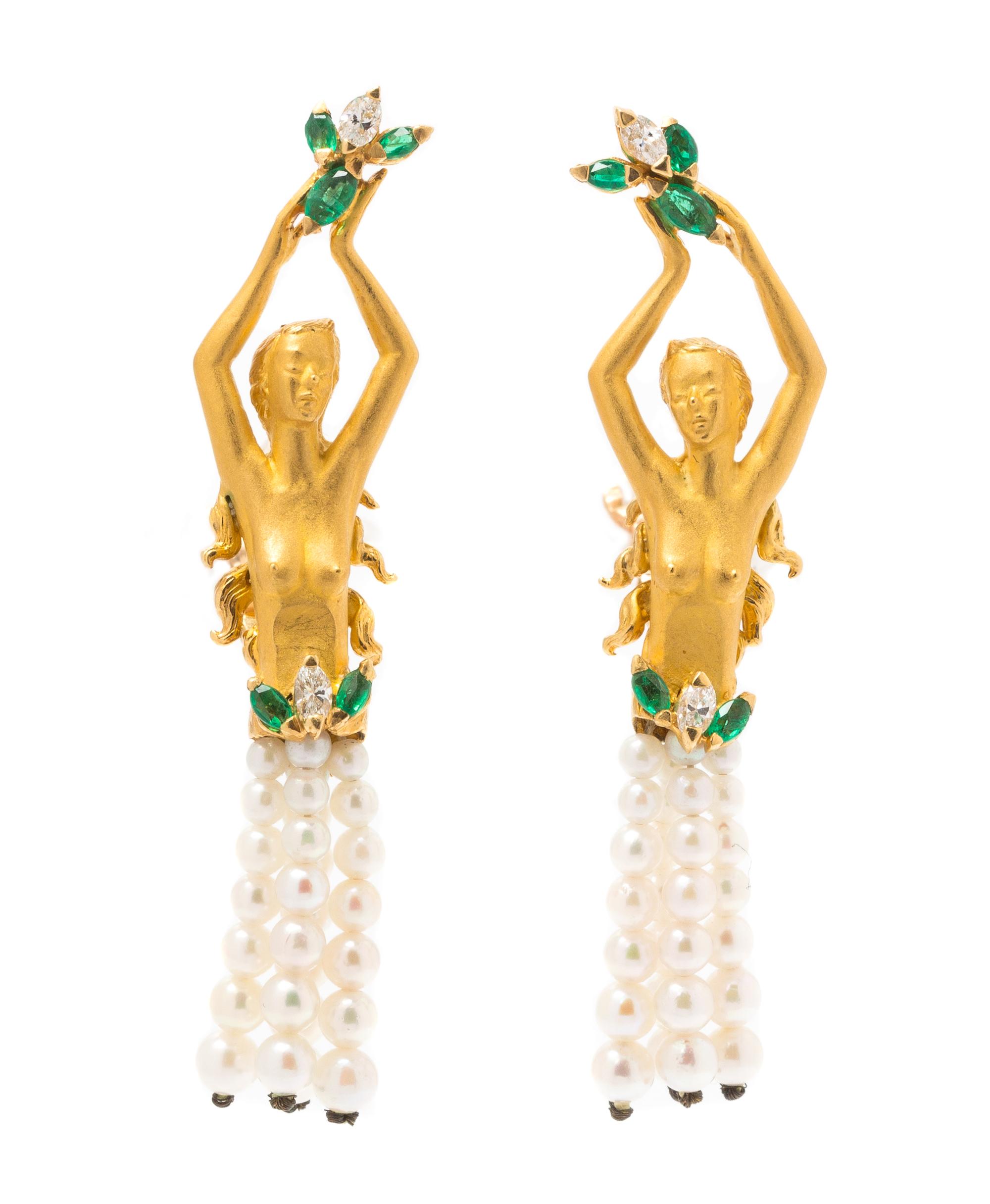 A Pair of 18 Karat Yellow Gold, Emerald, Diamond and Cultured Pearl Earclips, Carrera y Carrera, 9.80 dwts.