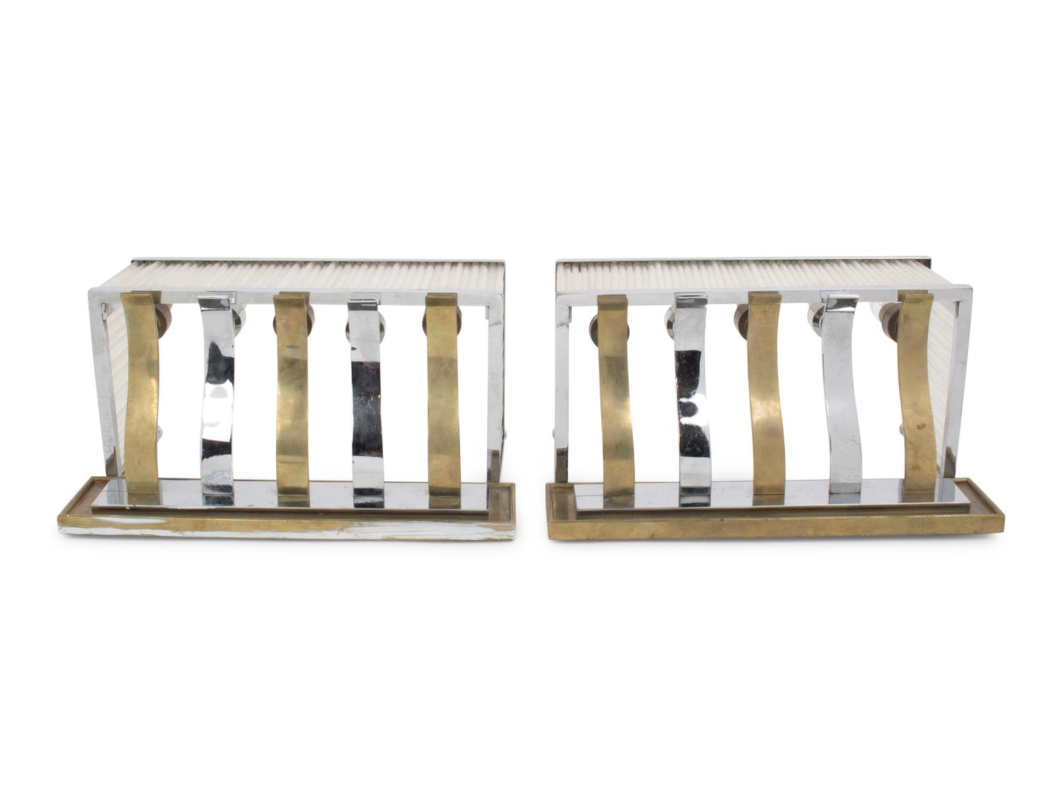 A Pair of French Chrome, Brass and Glass Five-Light Sconces