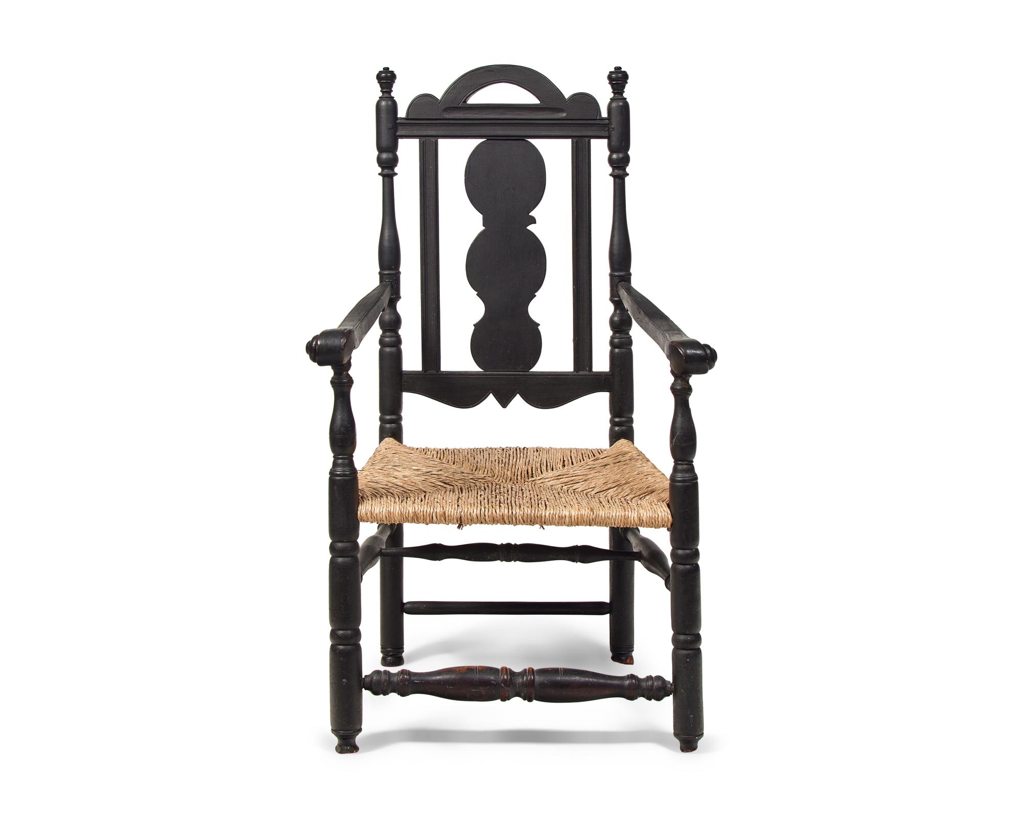 A Rare and Important Painted, Carved and Turned Slat-Back Armchair