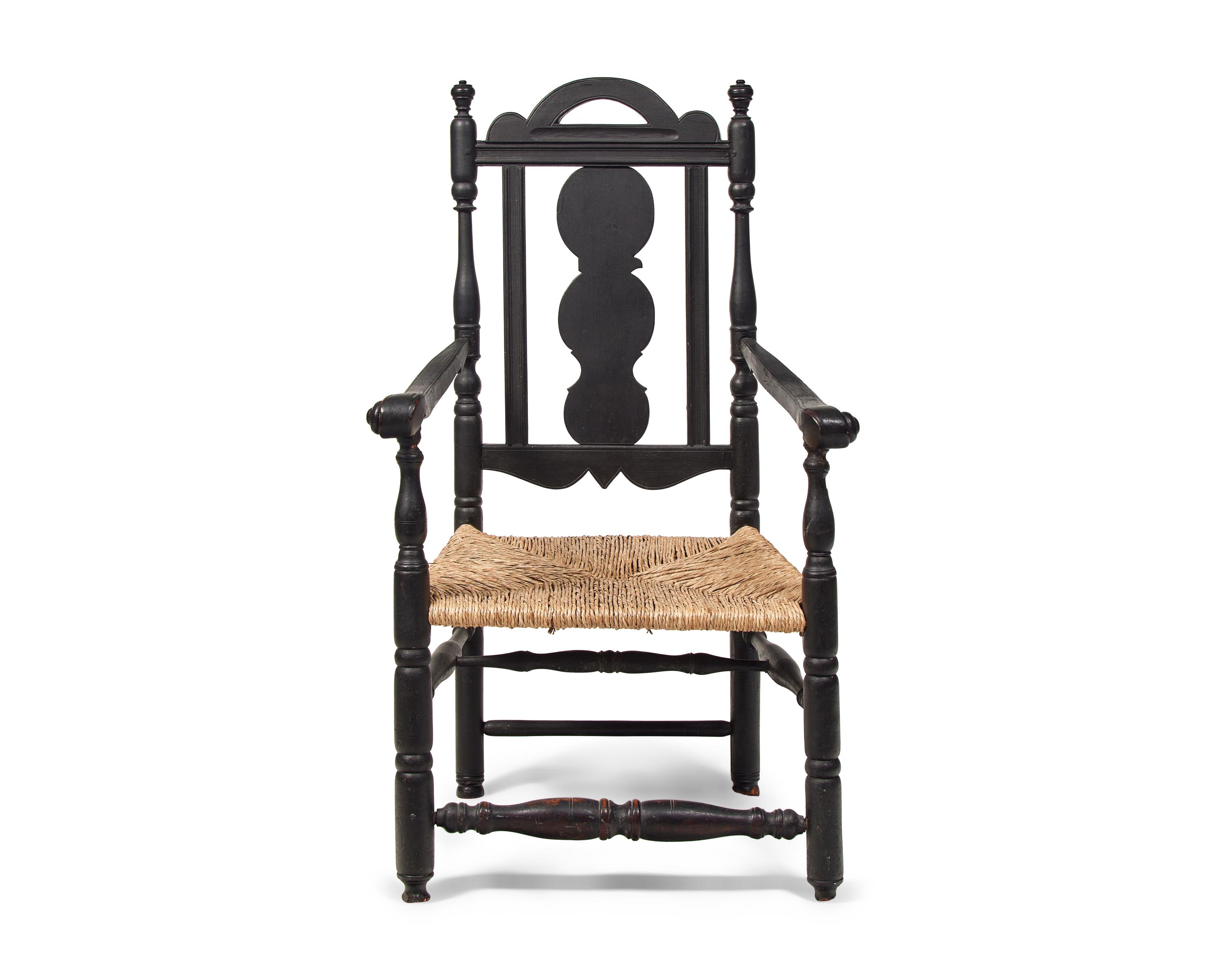 A Rare and Important Painted, Carved and Turned Slat-Back Armchair
