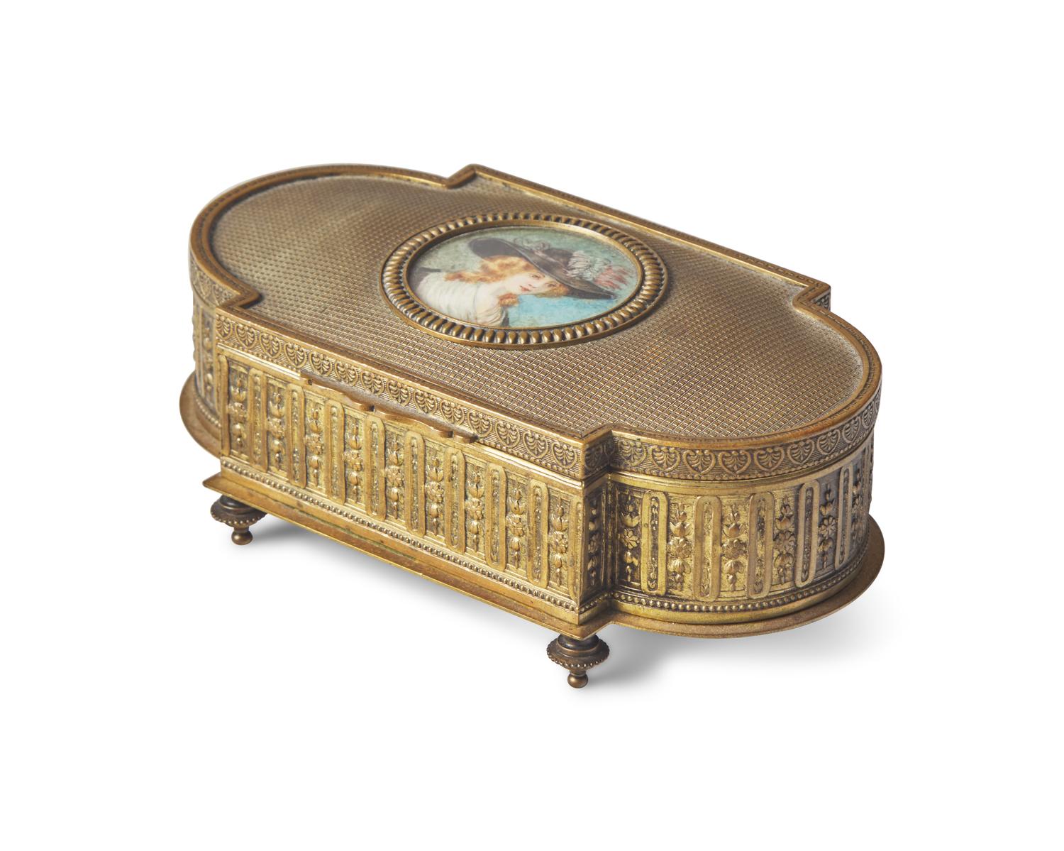 A French Gilt Bronze Jewelry Box Inset With Portrait Miniature