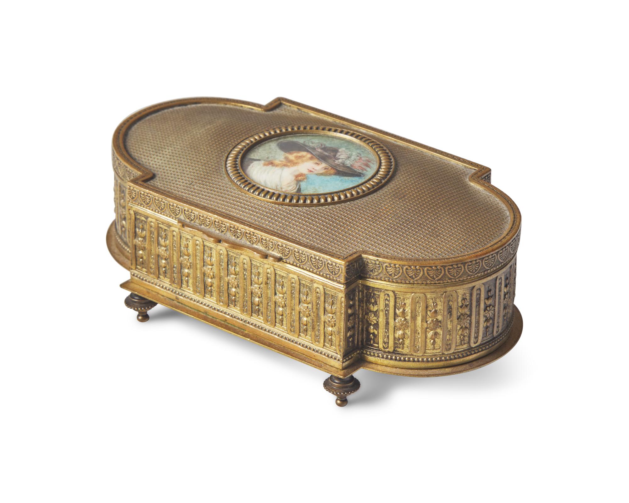 A French Gilt Bronze Jewelry Box Inset With Portrait Miniature